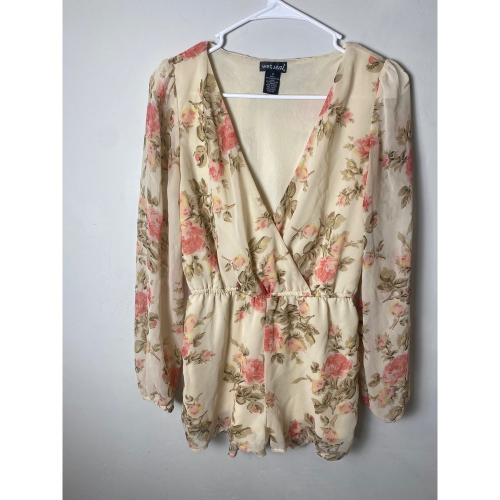 Wet Seal Floral Romper Long Sleeve V-Neck Chiffon Pink Cream 90s Y2K Vintage S